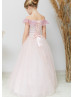 Off Shoulder Blush Pink Lace Tulle Corset Back Flower Girl Dress